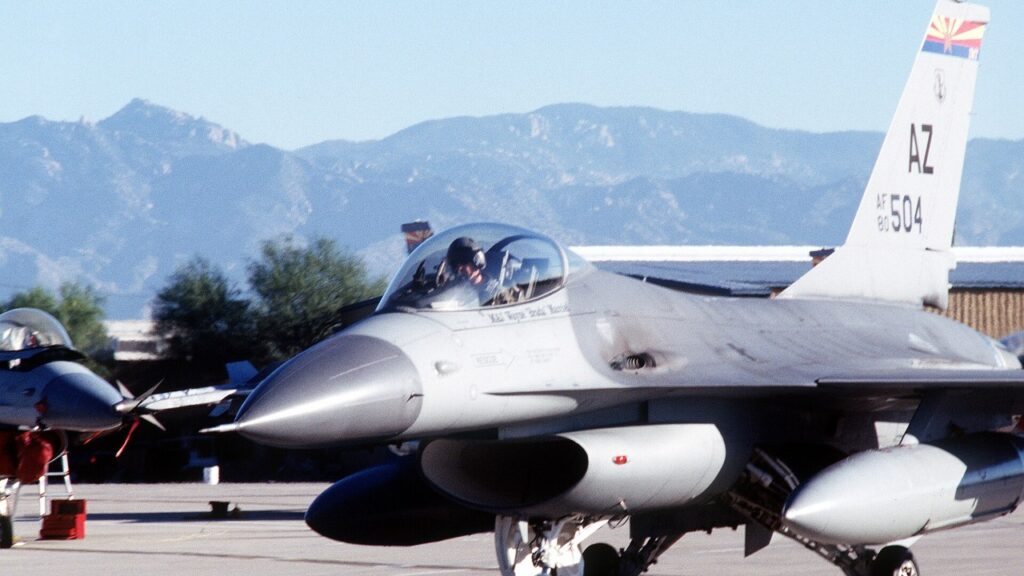An Arizona Air National Guard 162nd Fighter Wing F-16 at Tucson in 1994.