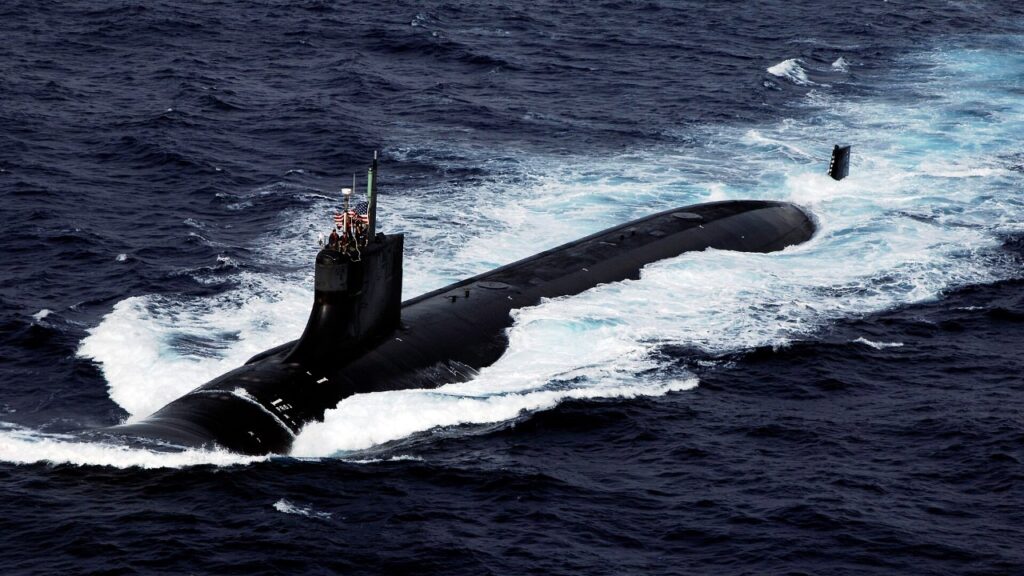 The Seawolf-class submarine USS Connecticut (SSN 22) underway in the Philippine Sea in November 2007