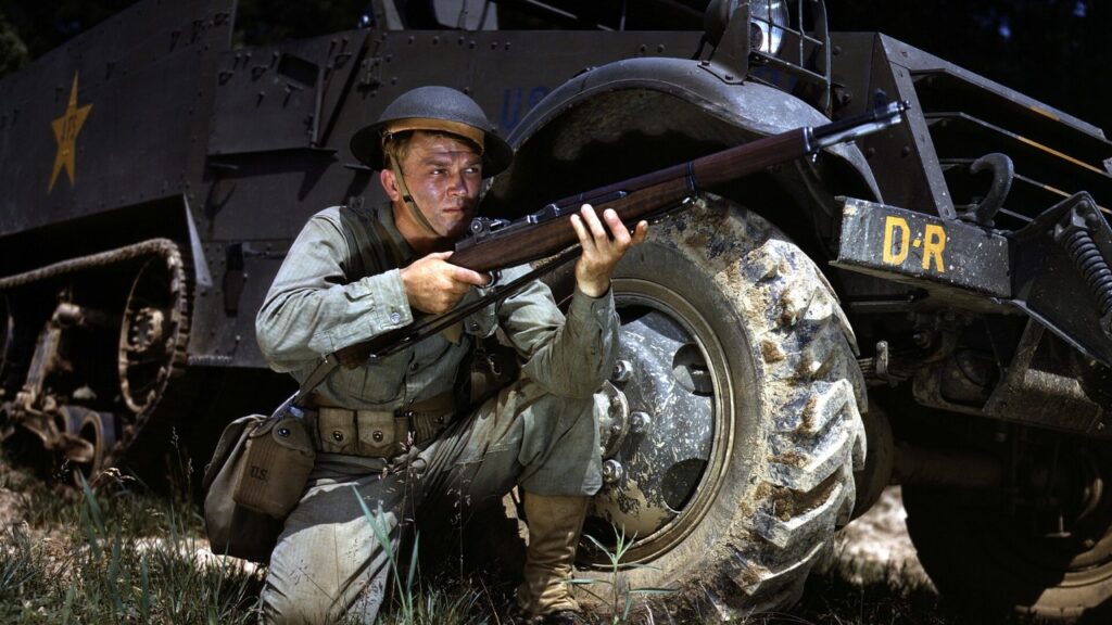 A U.S. Army infantryman with an M1 rifle during training at Fort Knox, Kentucky, in 1942