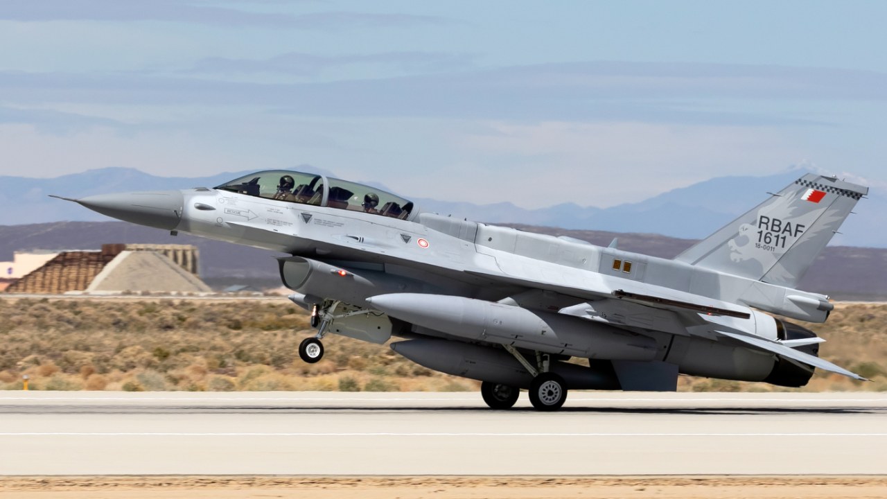 The first Royal Bahraini Air Force F-16 Block 70, a sister variant of Morocco's Block 72, lands at Edwards Air Force Base, California, on March 28, 2023, for flight testing.