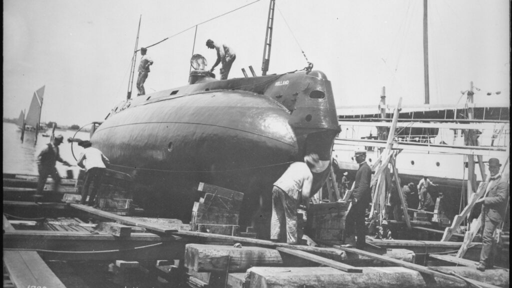 The submarine Holland on the ways, starboard bow, in 1900.