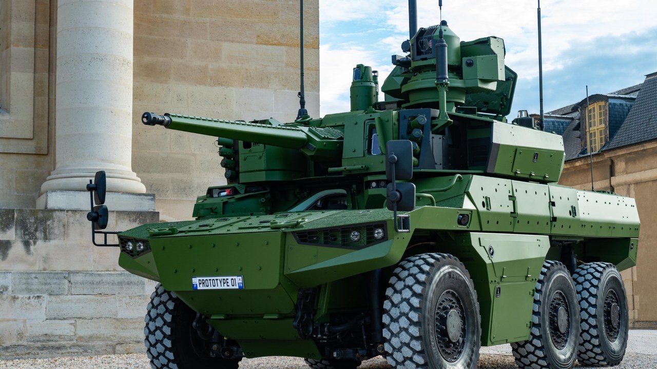 A French Army EBRC Jaguar on display in Paris on July 14, 2020, before the R3 upgrade.