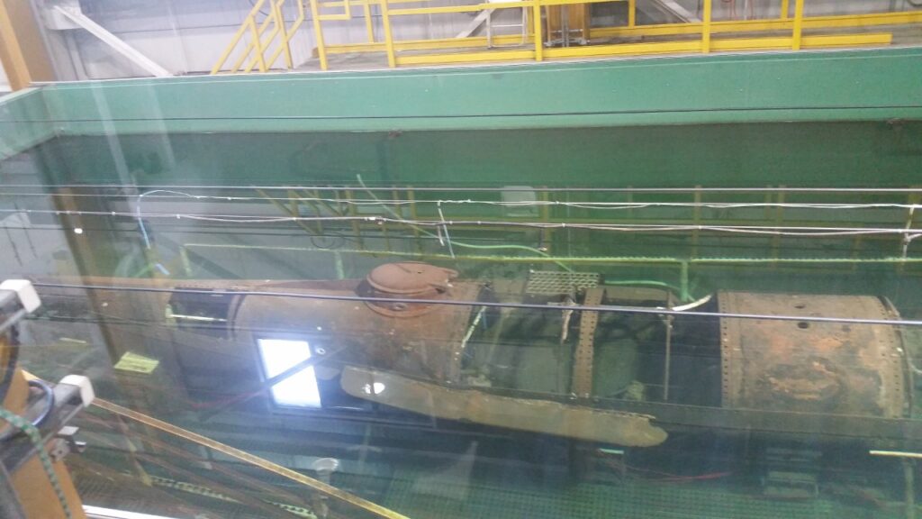 The recovered H.L. Hunley in its conservation tank in North Charleston, South Carolina, in 2017.