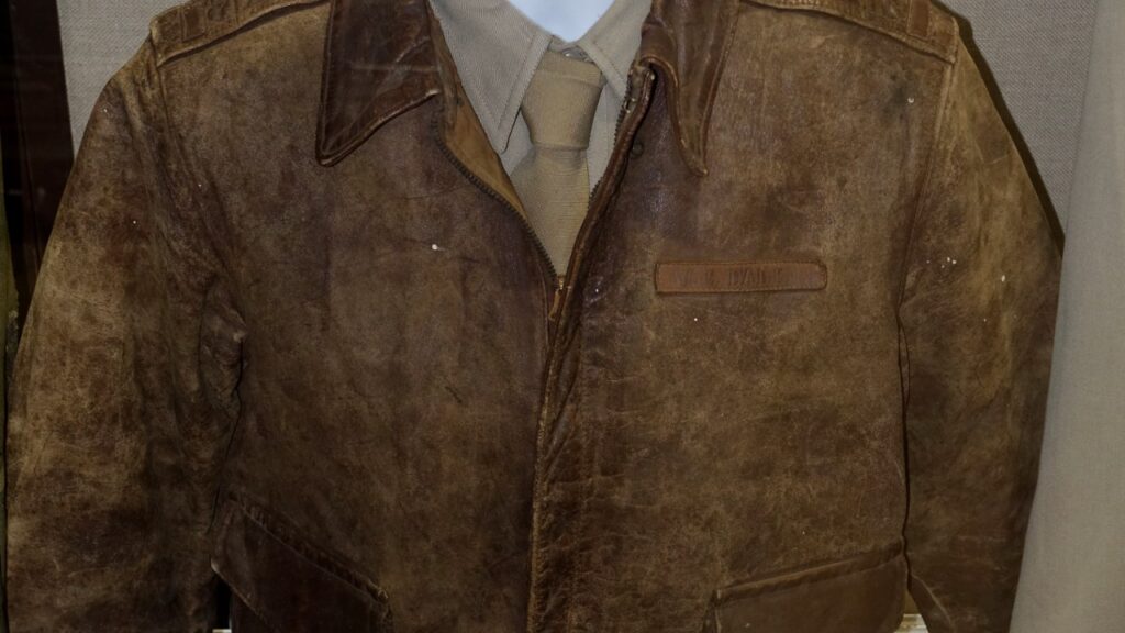 A World War II Army Air Corps A-2 leather flight jacket, owned by Lt. Col. W. C. Dale, on exhibit at the Oregon Air and Space Museum in Eugene.