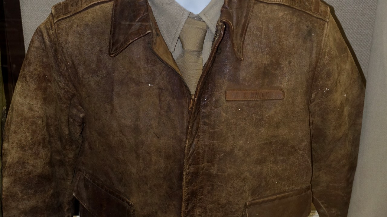 A World War II Army Air Corps A-2 leather flight jacket, owned by Lt. Col. W. C. Dale, on exhibit at the Oregon Air and Space Museum in Eugene.