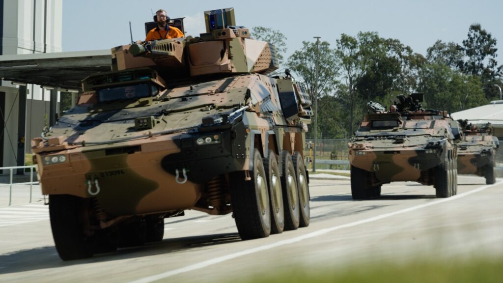 Australian Army Boxer combat reconnaissance vehicles, from the order of 211, during early training in 2020.