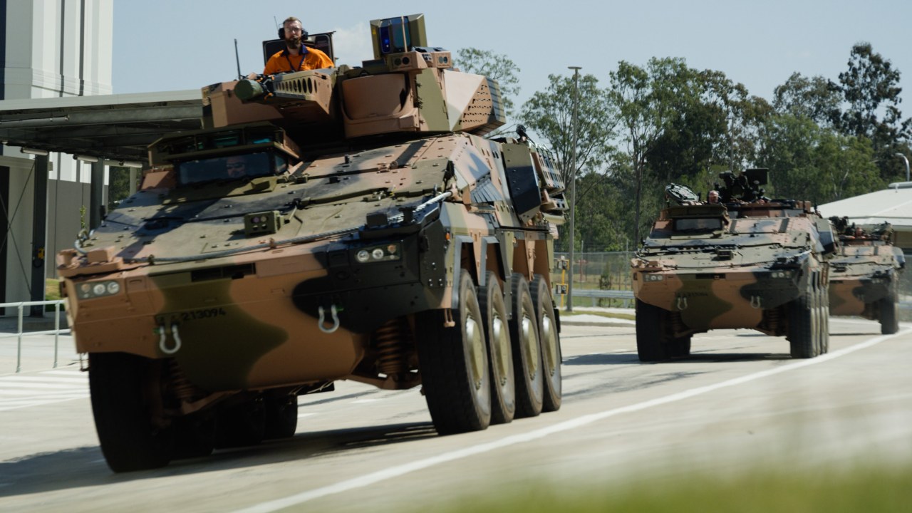 Australian Army Boxer combat reconnaissance vehicles, from the order of 211, during early training in 2020.