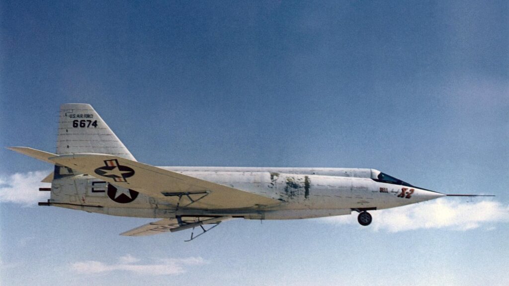 Bell X-2 rocket plane landing on the lakebed