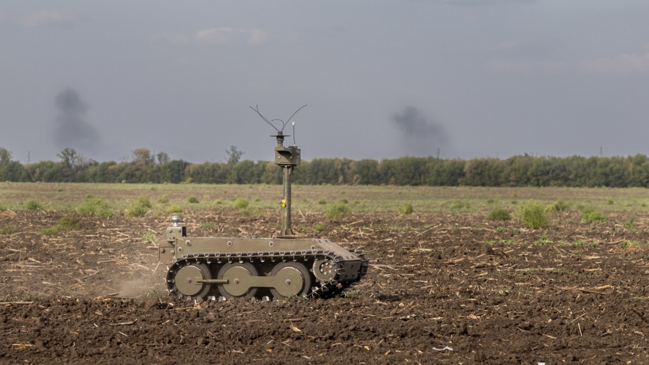 A Ukrainian uncrewed ground vehicle (the Vepr) in a field test. Not the amphibious vehicle in this report.