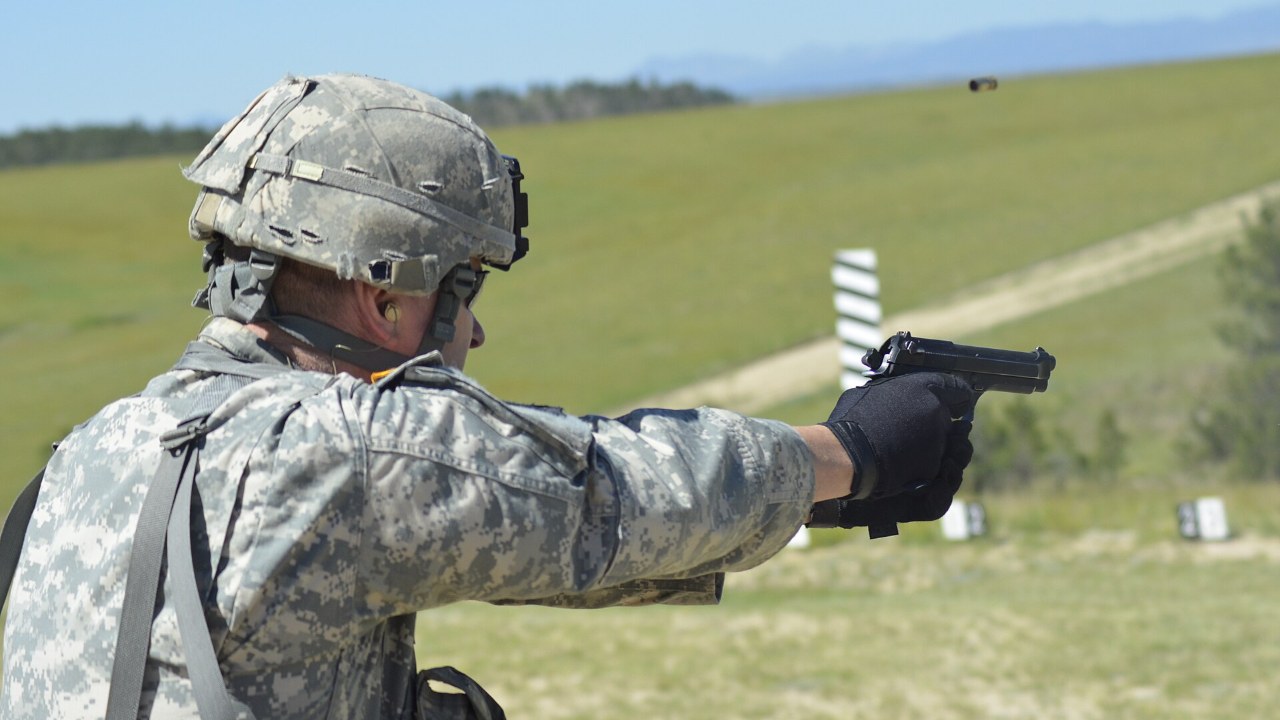 A U.S. Army military police soldier qualifies with the M9 pistol in 2016.