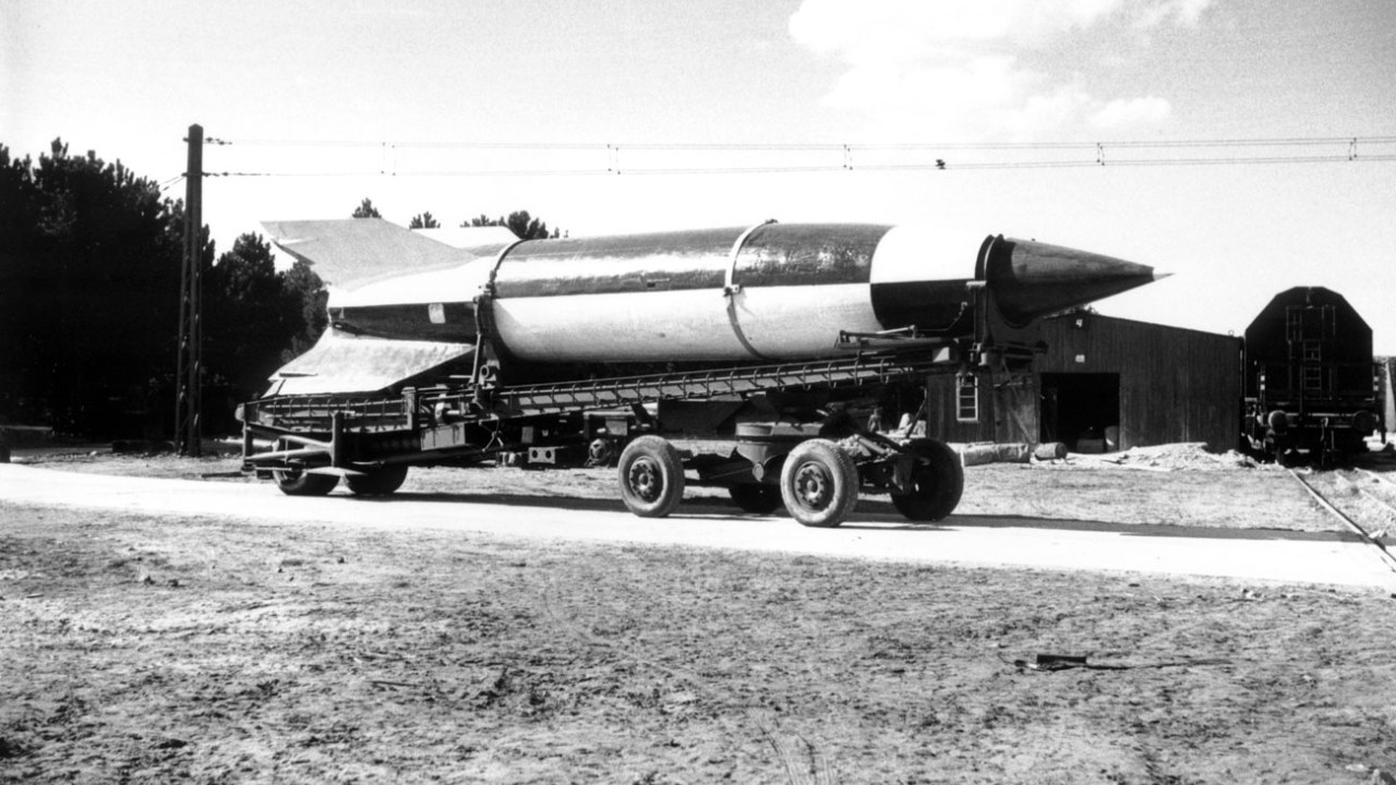 A V-2 rocket on its Meillerwagen transporter during the postwar Operation Backfire tests near Cuxhaven, 1945.