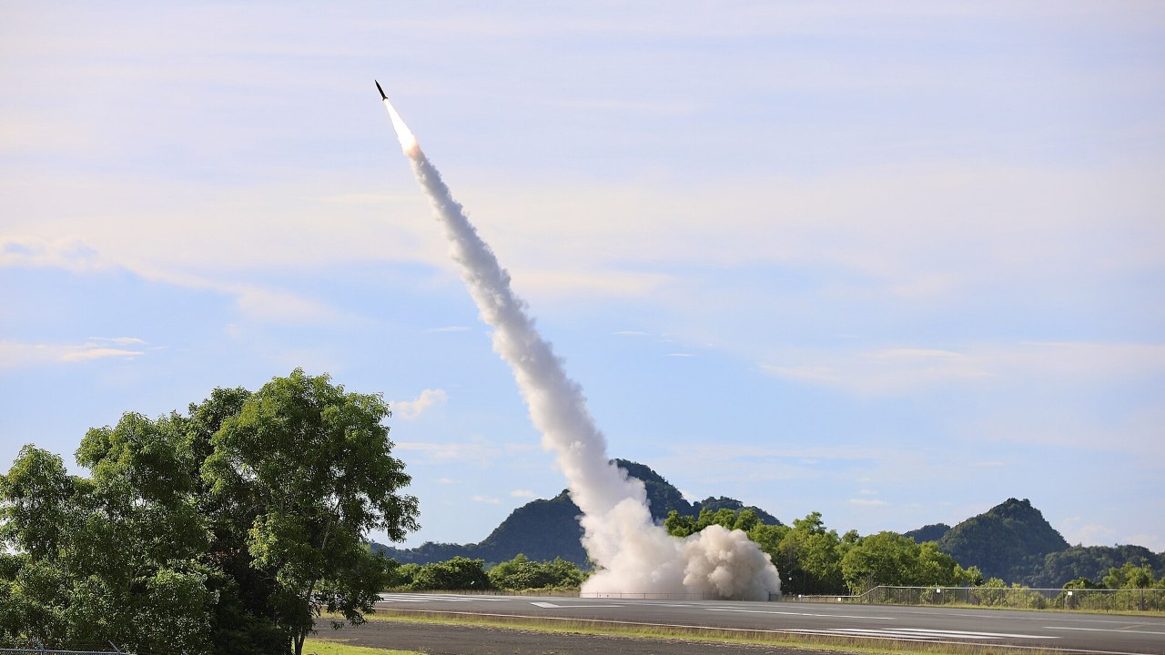 A Precision Strike Missile with a maritime seeker launches during a U.S. Army test in Palau.