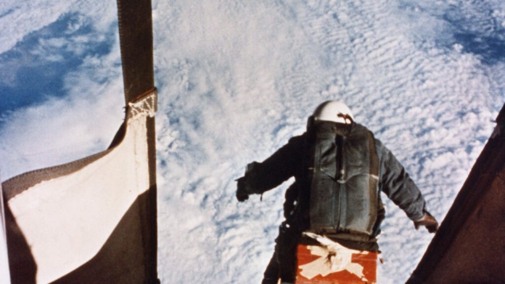Joseph Kittinger stepping out of the Excelsior gondola high above the clouds