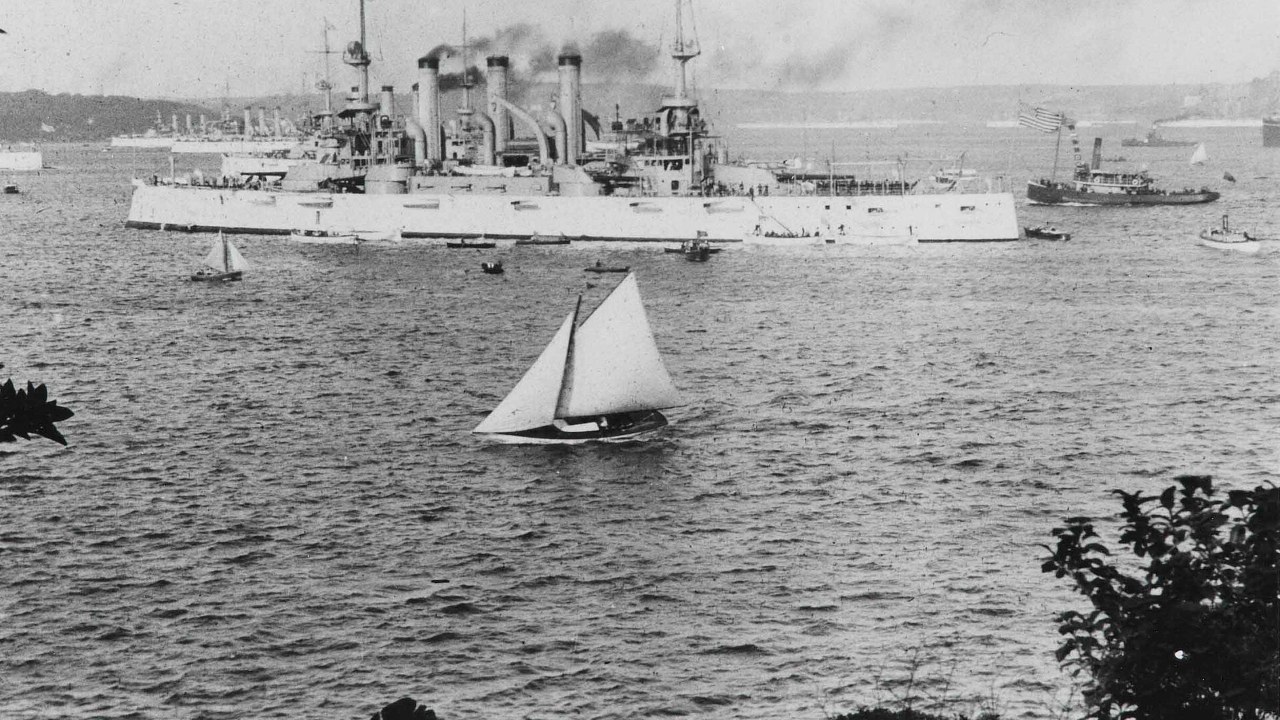Ships of the Great White Fleet in Sydney Harbour, Australia, in 1908.