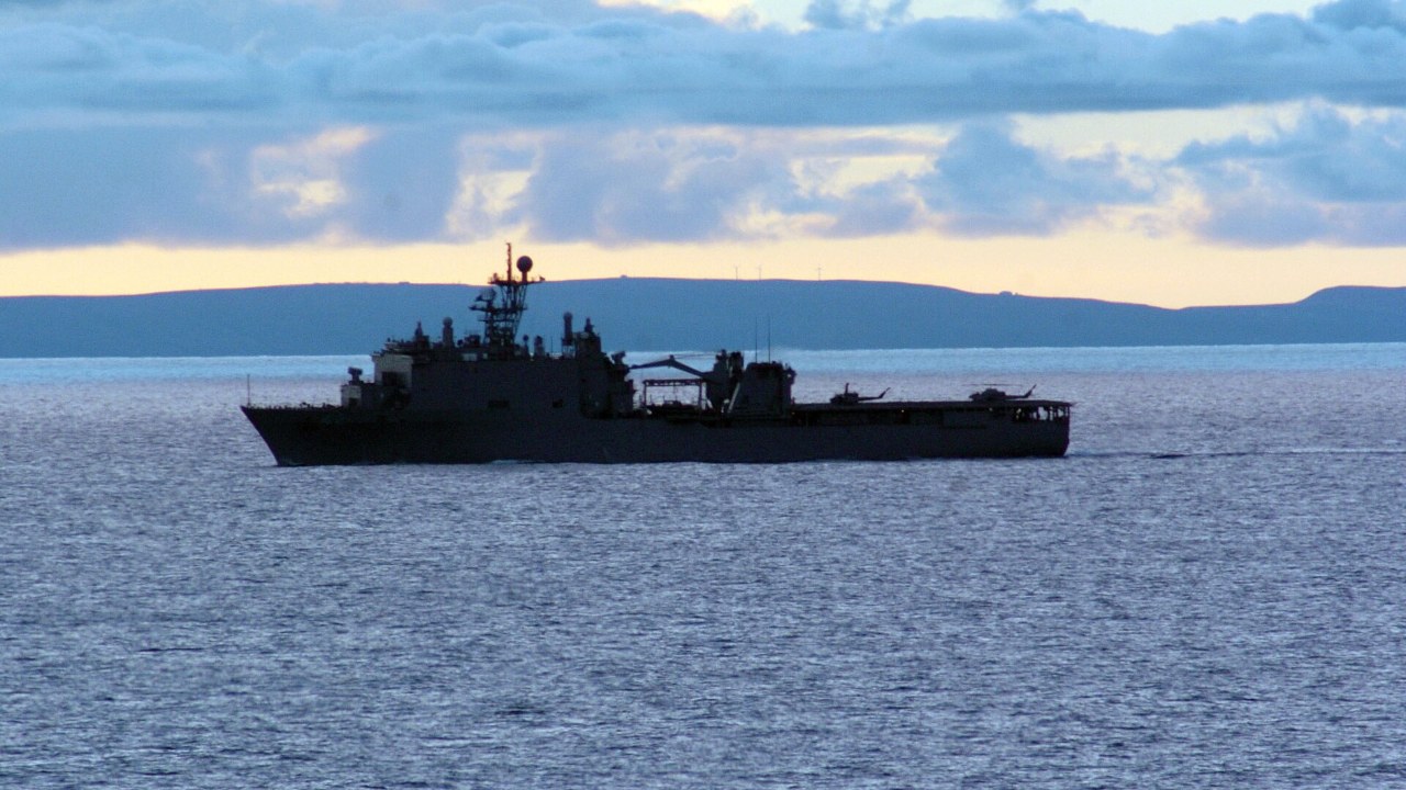 The dock landing ship USS Germantown (LSD 42) underway off Southern California in 2005.