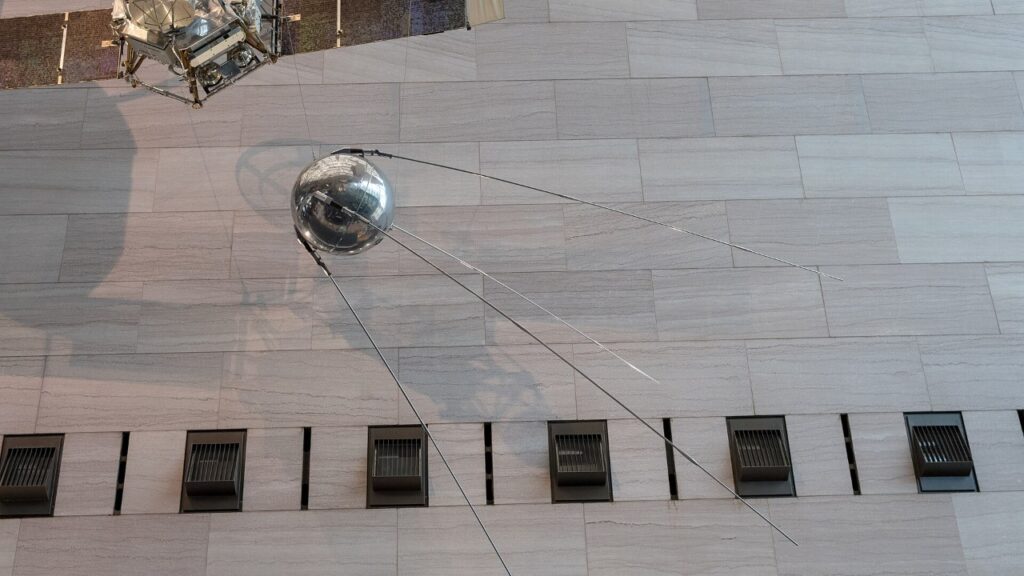 A Sputnik 1 replica hanging at the Smithsonian's National Air and Space Museum.