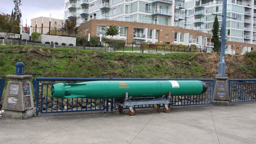 A Mk 48 heavyweight torpedo on public display. XV Excalibur itself is not shown.