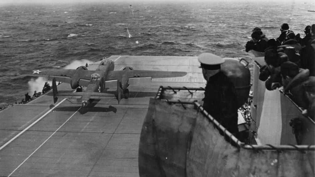 B-25 bomber taking off from the deck of USS Hornet in 1942