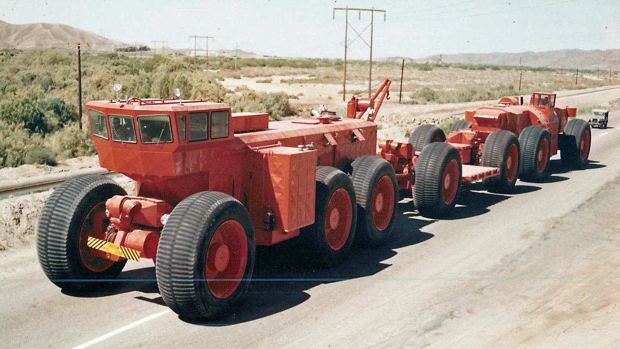 Orange LeTourneau Overland Train in the Arizona desert