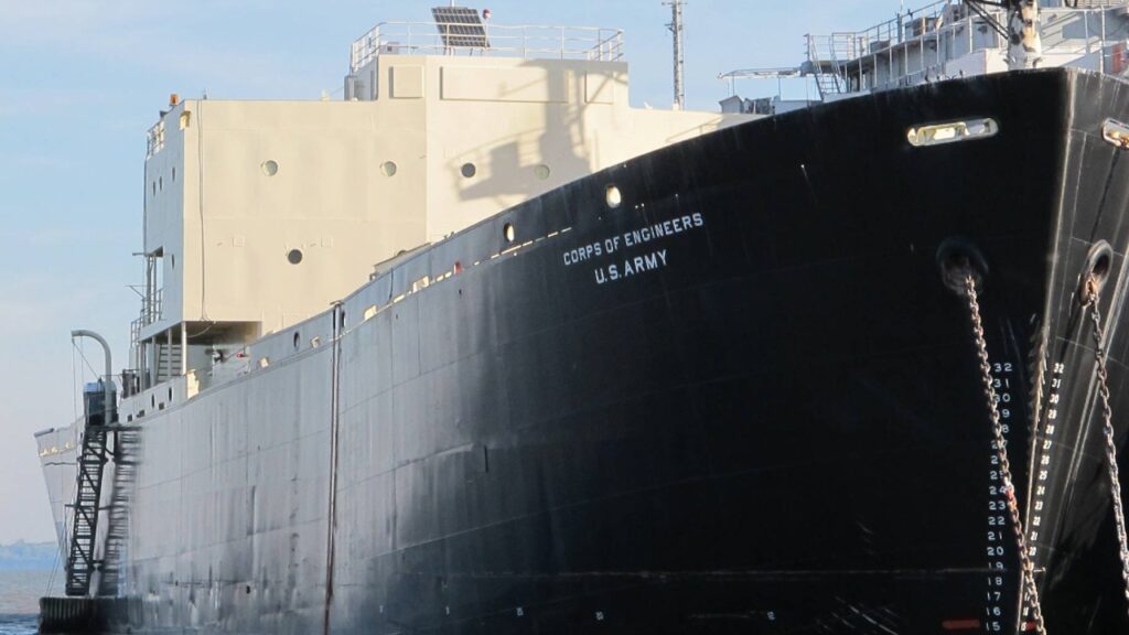 Hull of the MH-1A Sturgis nuclear power barge moored on the James River