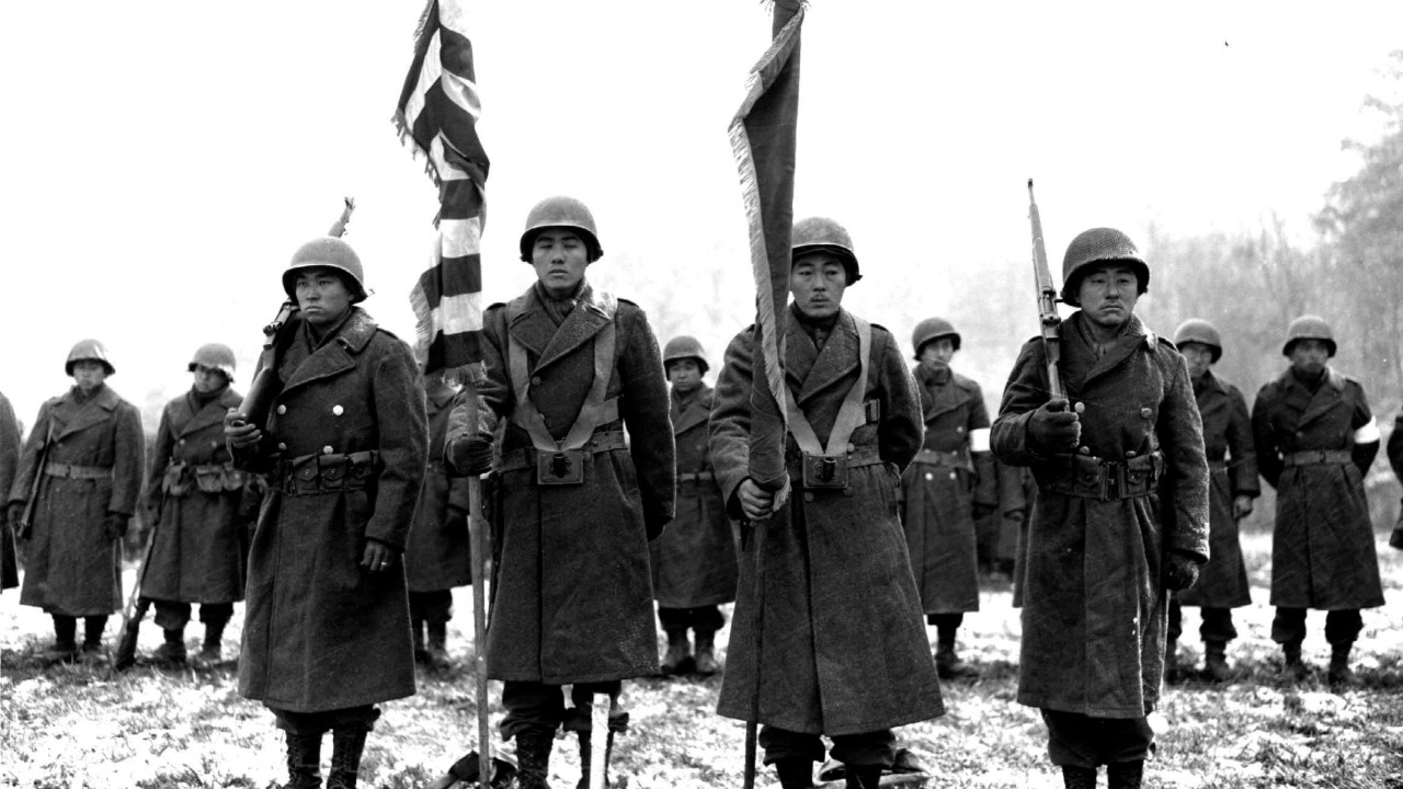 442nd Regimental Combat Team color guards in formation in 1944