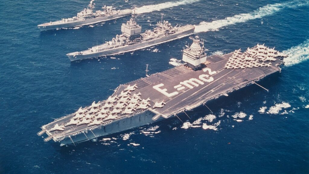 Nuclear-powered carrier Enterprise with Long Beach and Bainbridge steaming in formation