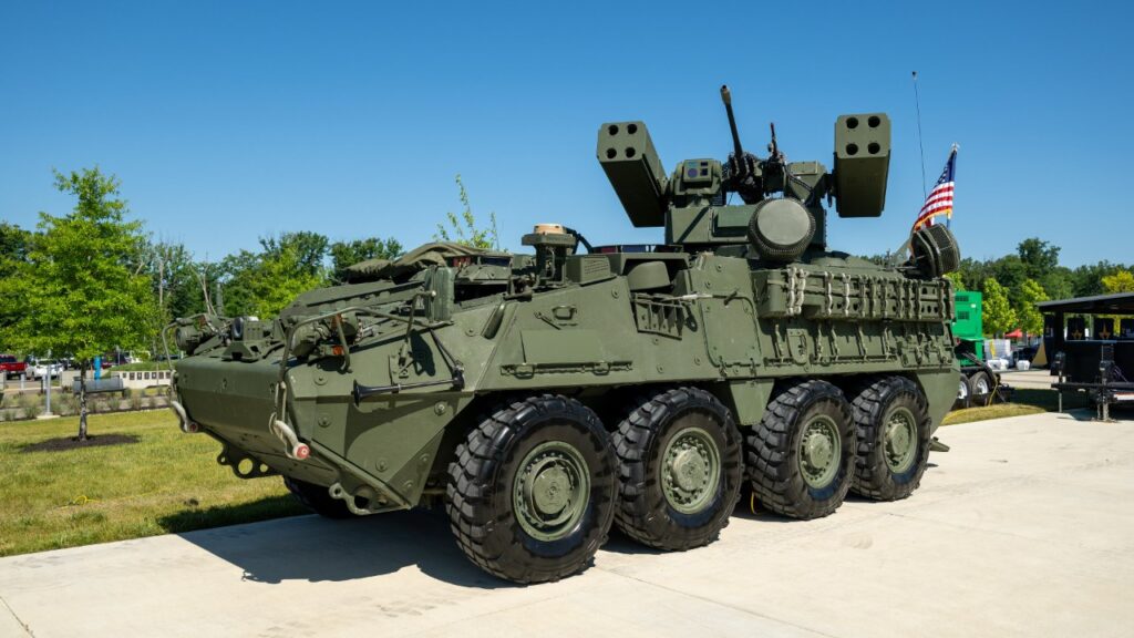 Stryker air defense vehicle with missile pods and a 30mm gun