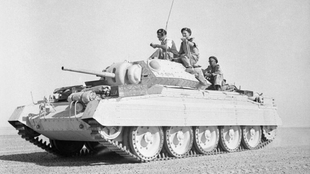 British Crusader tank with crew in the desert, 1942