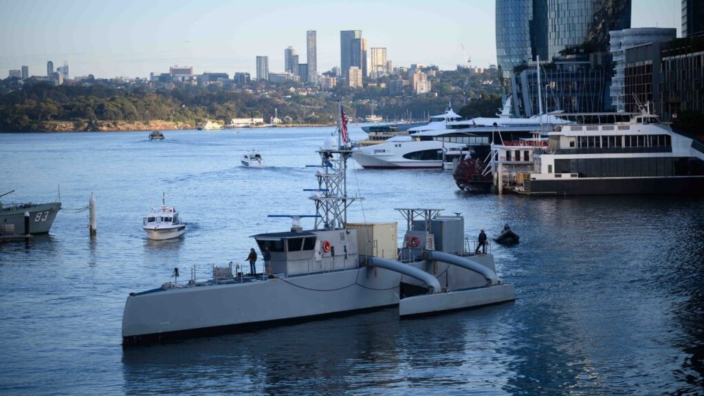 Trimaran drone ship Seahawk in Sydney's Darling Harbour