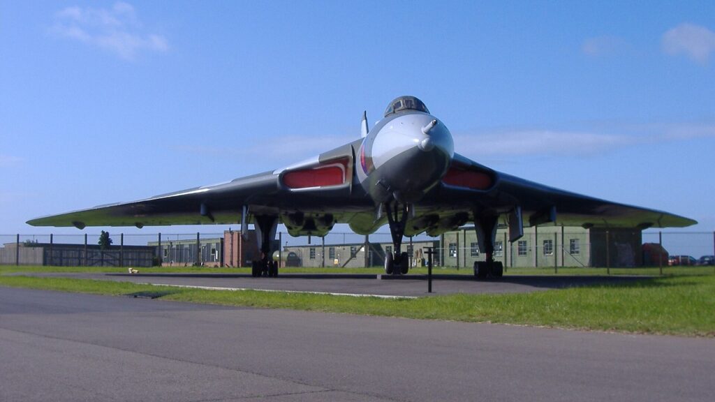 Avro Vulcan XM607 delta-wing bomber on display at RAF Waddington