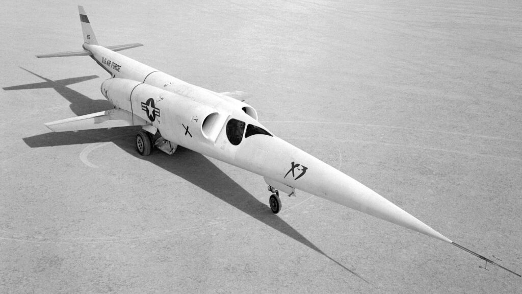 Douglas X-3 Stiletto research jet on a dry lakebed
