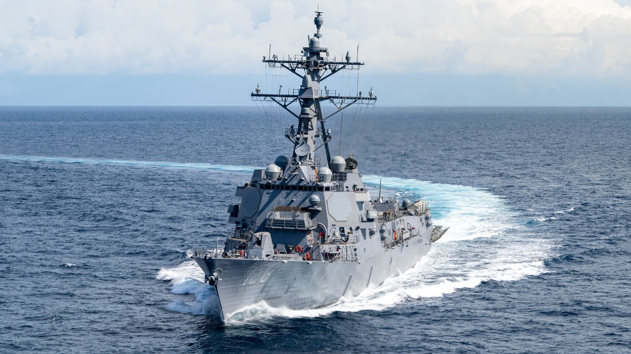 Arleigh Burke-class destroyer USS Ted Stevens underway at sea during acceptance trials