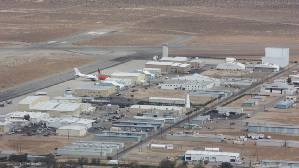 Aerial view of hangars and runways at Mojave Air and Space Port in the California desert