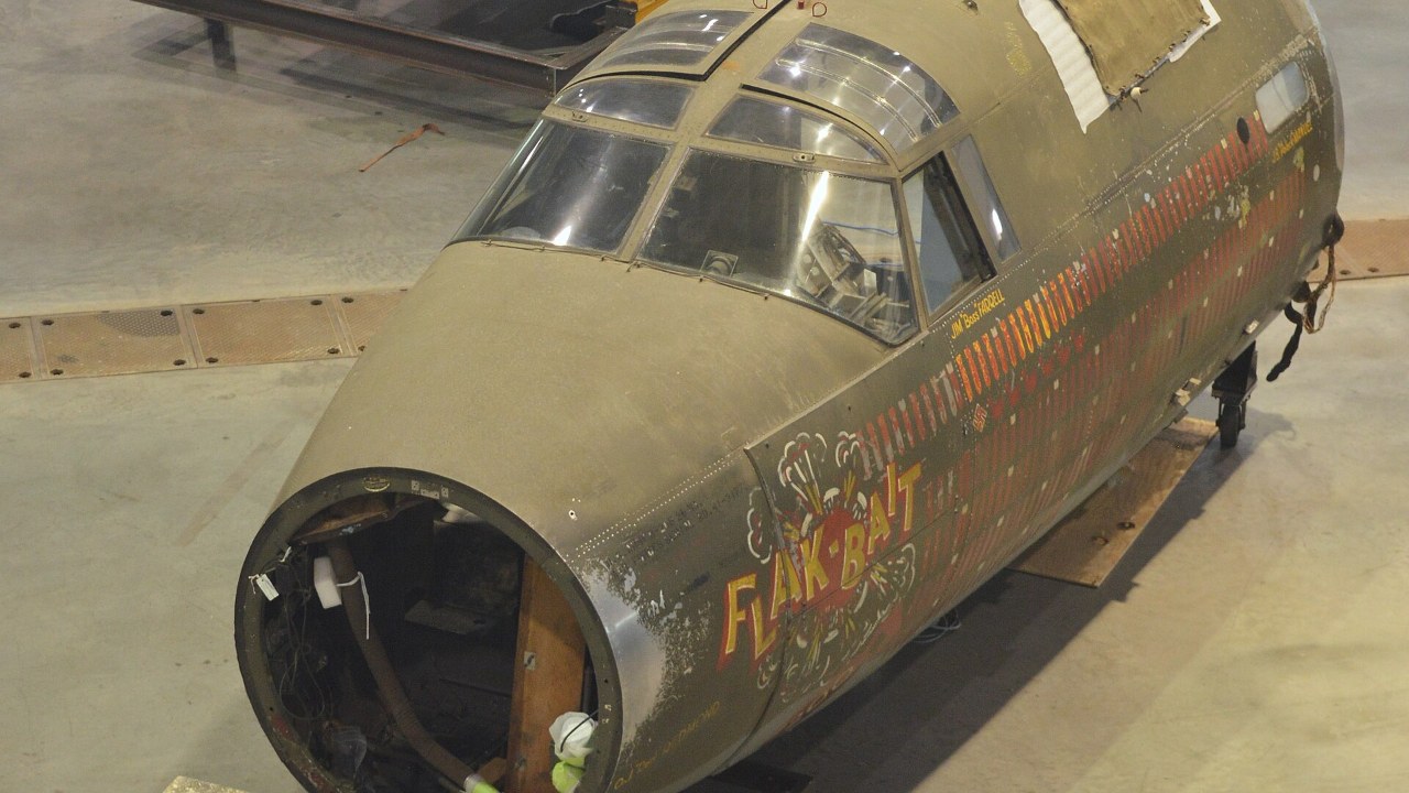 The forward fuselage of the B-26 Marauder Flak-Bait, with its name art, photographed during preservation work