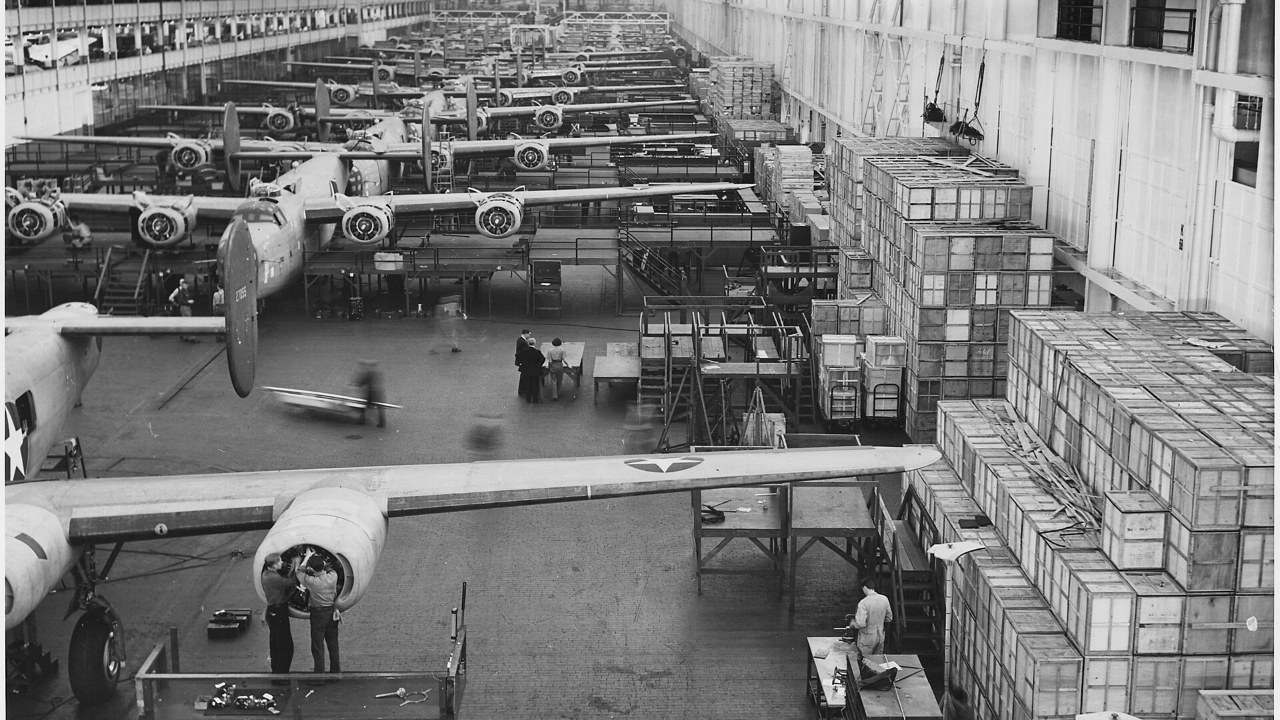 An assembly line at Ford's Willow Run bomber plant during World War II