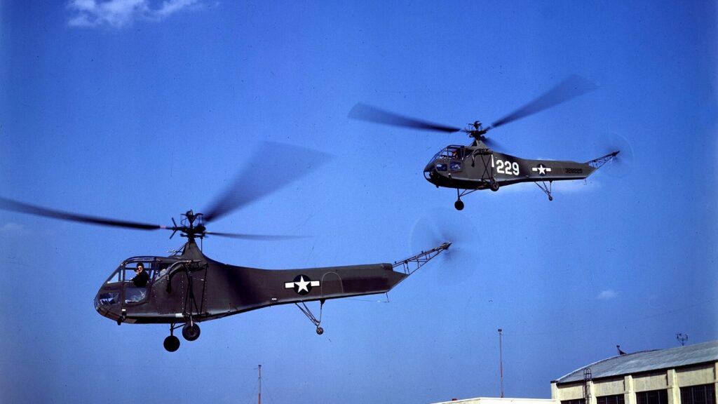 Two U.S. Army Sikorsky YR-4B helicopters in flight, circa 1944