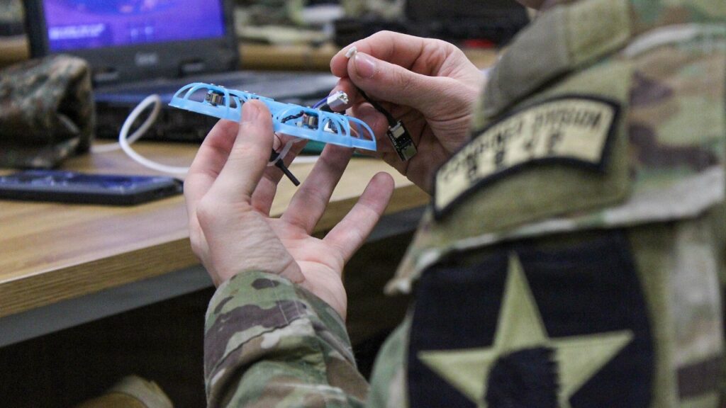 A U.S. Army soldier with the 2nd Infantry Division handles a small first-person-view drone during a training course at Camp Humphreys, South Korea. Gauntlet 2 at Fort Carson is not shown
