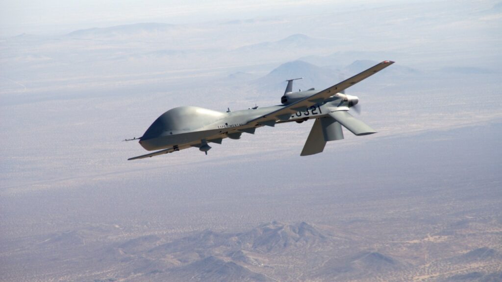 An early U.S. Army MQ-1C in flight; the aircraft was later named Gray Eagle.