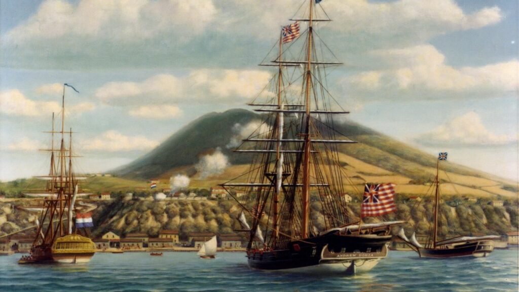 Painting of an 18th-century sailing brig off a hilly Caribbean island