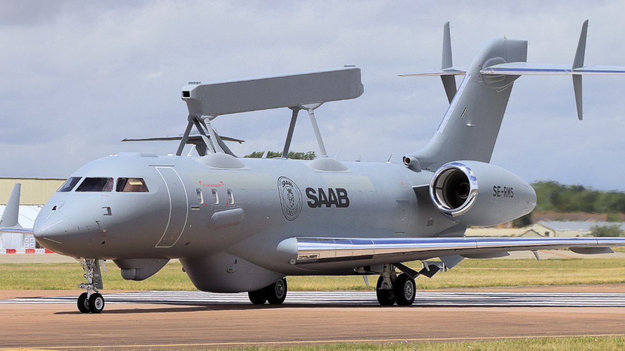 A Saab GlobalEye airborne early-warning aircraft, photographed in July 2023; not the Swedish aircraft presented in October.