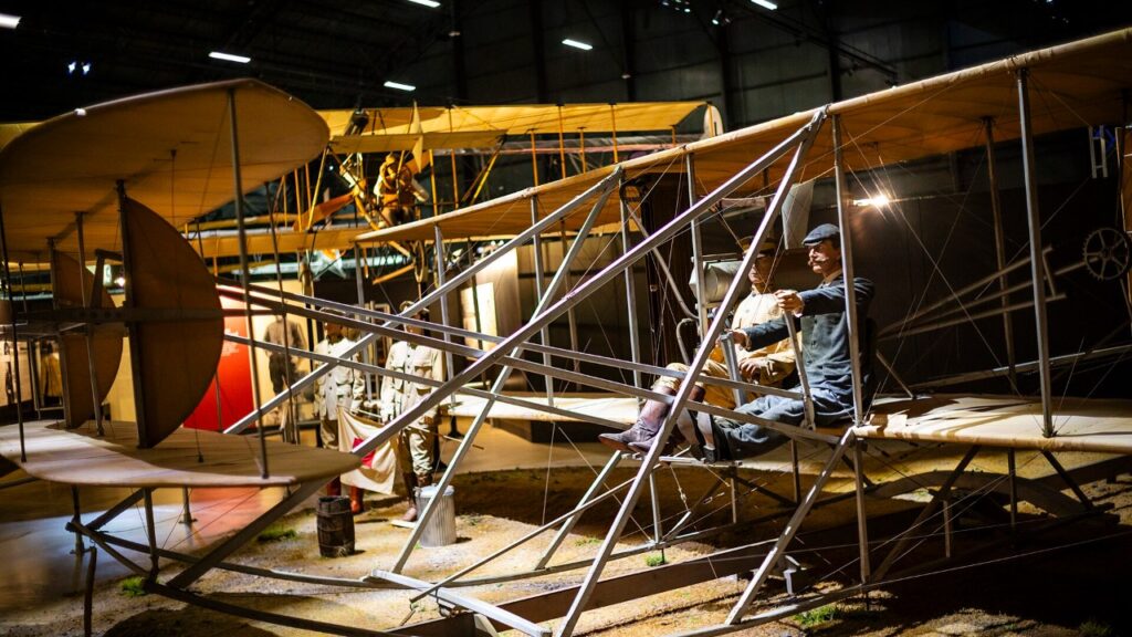 Wright Military Flyer biplane reproduction in a museum